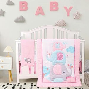 4Piece Soft Baby Girl Crib Bedding Set Pink Elephant Nursery Bedding Crib Set | Crib Comforter, Fitted Sheet, Dust Ruffle,Blanket