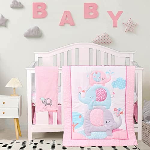 4Piece Soft Baby Girl Crib Bedding Set Pink Elephant Nursery Bedding Crib Set | Crib Comforter, Fitted Sheet, Dust Ruffle,Blanket