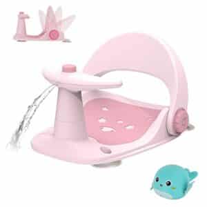 מושב אמבטיה ורוד משפריץ מים לתינוקת